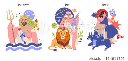 Ancient Greek Gods concept. Poseidon, Zeus, and Hades with their iconic symbols. Mythological rulers of sea, sky, and underworld. Vector illustration. Ancient Greek Gods concept. Poseidon, Zeus, and Hades with their iconic symbols. Mythological rulers of sea, sky, and underworld. Vector illustration. 114611501