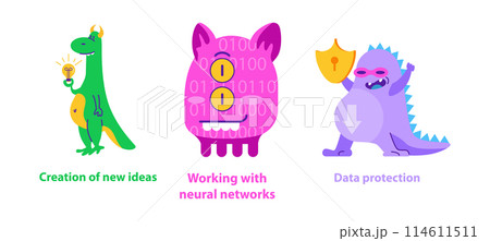 Monster Helpers set. Creative thinking and innovation, managing digital information and cybersecurity concept. Vector illustration. 114611511