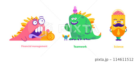 Monster helpers set. Whimsical creatures representing financial management, teamwork, and science. Creative concept for educational subjects, vector illustration. 114611512