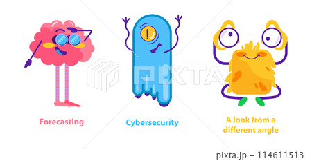 Monster Helpers set. Whimsical creatures representing forecasting, cybersecurity, and innovation. Creative expression in digital concepts. Vector illustration. 114611513