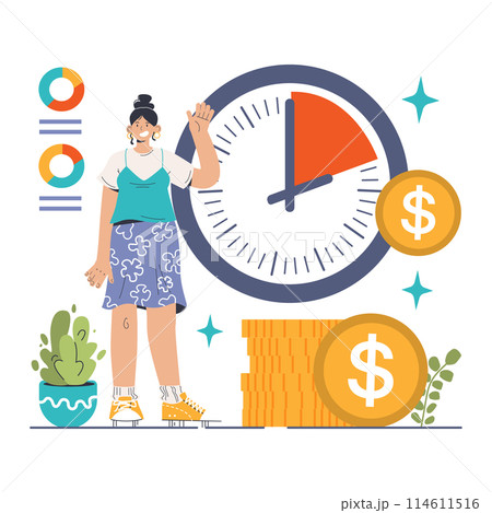 Financial Planning concept. Woman balancing time and budget, next to money growth charts and a clock. Savings, investment, time management. Flat vector illustration Financial Planning concept. Woman balancing time and budget, next to money growth charts and a clock. Savings, investment, time management. Flat vector illustration 114611516