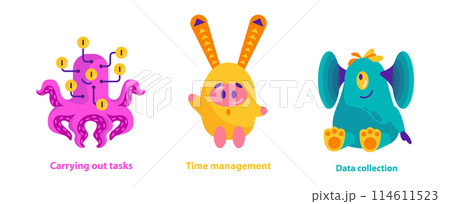 Monster Helpers set. Imaginative creatures demonstrating task execution, time management, and data collection. Fun approach to productivity concepts. Vector illustration. Monster Helpers set. Imaginative creatures demonstrating task execution, time management, and data collection. Fun approach to productivity concepts. Vector illustration. 114611523