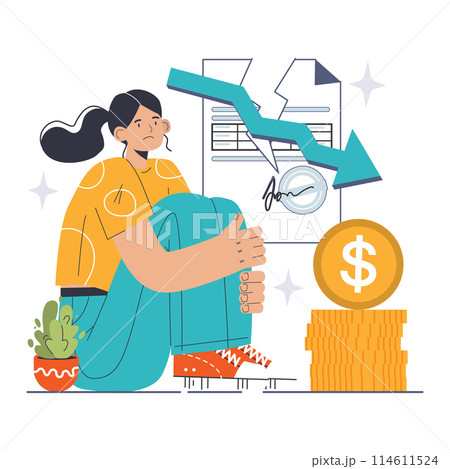Credit Crisis concept. Distressed woman with financial default notice and downward trend. Bankruptcy, economic failure. Flat vector illustration 114611524