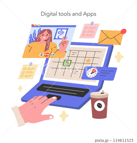 Digital Tools and Apps illustration A modern professional navigates workflow using digital tools, keeping tasks organized and time managed with a virtual calendar Vector illustration Digital Tools and Apps illustration A modern professional navigates workflow using digital tools, keeping tasks organized and time managed with a virtual calendar Vector illustration 114611525