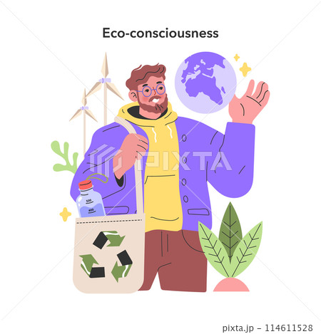 Eco-consciousness concept. Man with reusable bag and globe, reflecting sustainable living and environmental responsibility. Renewable energy and conservation in focus. Vector illustration. 114611528