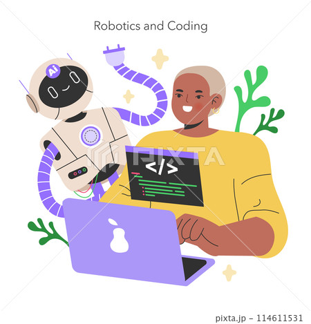Maker Culture concept A man with a robot illustrates the future of coding and robotics, a blend of technology and human innovation Education meets AI Vector illustration 114611531