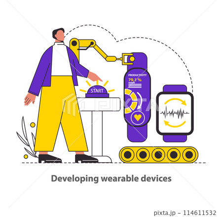 Tech Assisted Health concept. An illustration showcasing the development of wearable devices with human interaction and health monitoring features. Innovation in personal healthcare technology. Vector 114611532