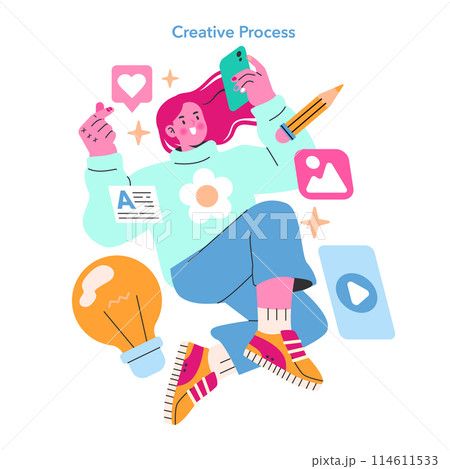 Creative Process concept. A person engrossed in content creation, surrounded by symbols of innovation and social media. Modern creativity and digital networking. Vector illustration. 114611533