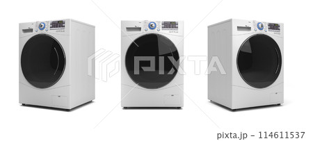 set of New Washing machine prespective left view 3D render on white 114611537