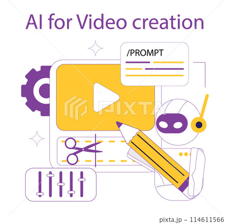 AI for video creation concept. Artificial intelligence streamlines video editing with tools and automation. Simplified content production process. Vector illustration. AI for video creation concept. Artificial intelligence streamlines video editing with tools and automation. Simplified content production process. Vector illustration. 114611566