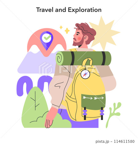 Travel and Exploration theme. An explorer with a backpack gazes at a destination marker, embodying the spirit of adventure and the joy of reaching new heights. Journey into the wild illustrated. Travel and Exploration theme. An explorer with a backpack gazes at a destination marker, embodying the spirit of adventure and the joy of reaching new heights. Journey into the wild illustrated. 114611580