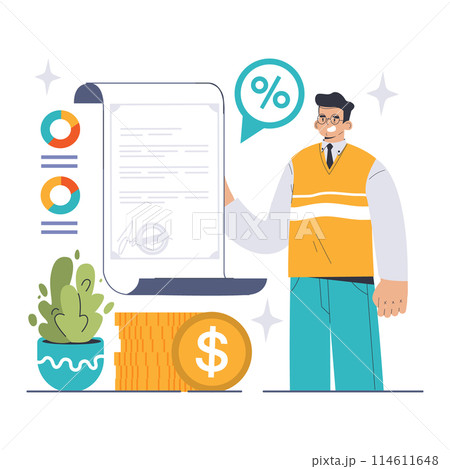 Subsidy concept. A man showcases a financial aid document highlighting the percentage benefits of subsidies. Flat vector illustration 114611648