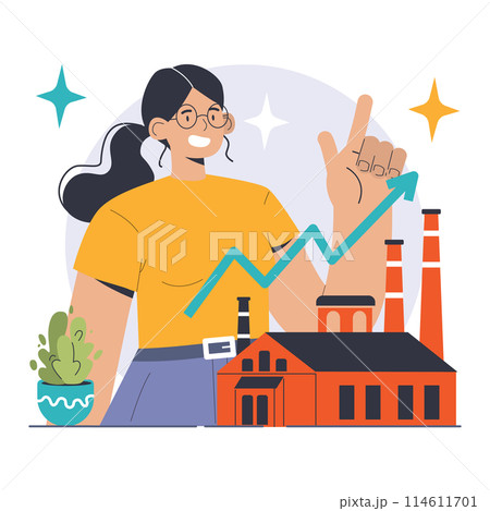 Economies of scale. Company scale of operation, amount of output produced per unit of time. Mass production efficiency. Flat vector illustration 114611701