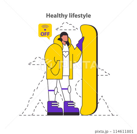 Overcoming FOMO concept. A person turns off social media to enjoy a healthy lifestyle, symbolized by a large 1. Digital detox for mental well-being. Vector illustration. 114611801