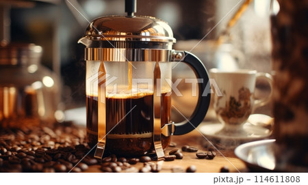 Coffee poured from French press 114611808