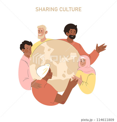 Cultural Unity concept. Diverse group of people embracing a globe, representing global community and cultural exchange. Multiethnic harmony and world peace. Vector illustration. 114611809