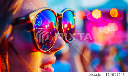 a pair of sunglasses on a party girl reflecting the vibrant colors of a summer festival 114611943
