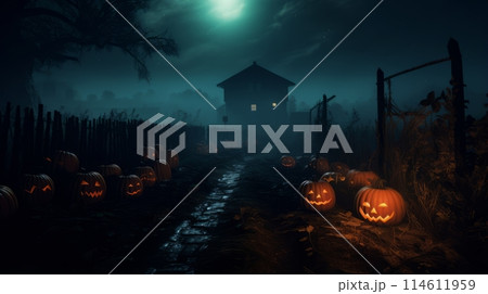 Group of pumpkins sitting on top of a field Group of pumpkins sitting on top of a field 114611959