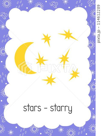 Weather flash card Stars Starry topical vocabulary learning printable, educational English kids worksheet, nursery, kindergarten, pre-school, leisure activity, teacher resources vector illustration 114612289