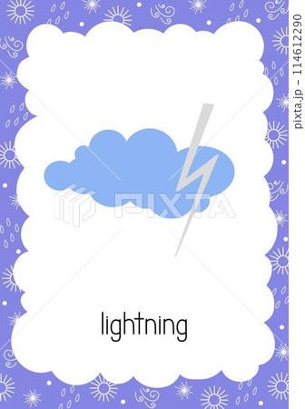 Weather flash card Lightning topical vocabulary learning printable, educational English worksheet for kids, nursery, kindergarten, pre-school, leisure activity, teacher resources vector illustration 114612290
