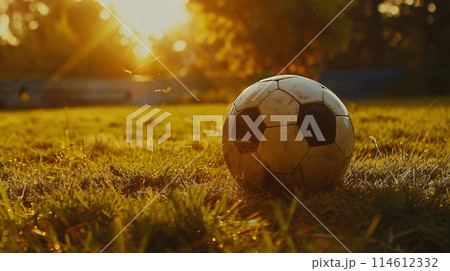 a lone leather black and white pentagon soccer ball resting peacefully on the green pitch 114612332