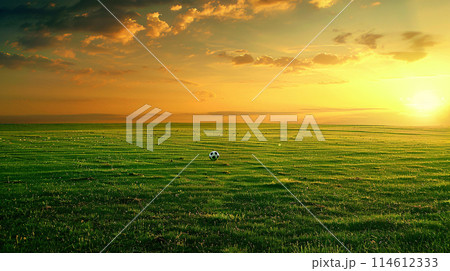 a lone leather black and white pentagon soccer ball resting peacefully on the green pitch 114612333
