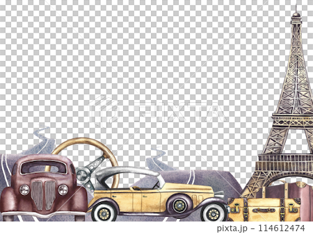 A banner with retro cars. Vintage steering wheel, paved roads, Eiffel Tower, suitcases. A retro-style journey. A watercolor illustration made by hand. A frame for a banner, leaflet, poster or printing 114612474