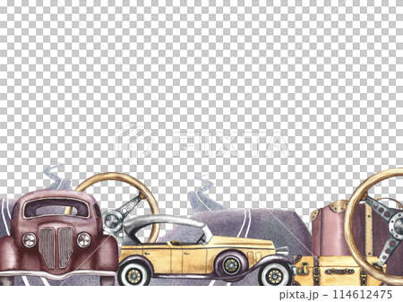 A banner with retro cars. Vintage steering wheel, paved roads and suitcases. A retro-style journey. A watercolor illustration made by hand. The border is a frame for a banner, flyer, poster, printing. A banner with retro cars. Vintage steering wheel, paved roads and suitcases. A retro-style journey. A watercolor illustration made by hand. The border is a frame for a banner, flyer, poster, printing. 114612475