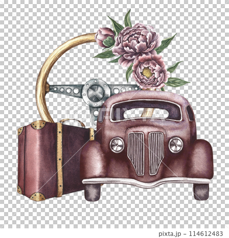 Vintage retro car, front view. An antique wooden steering wheel decorated with vintage flowers and a retro suitcase. A watercolor illustration made by hand. For poster, printing, sticker and postcard. 114612483