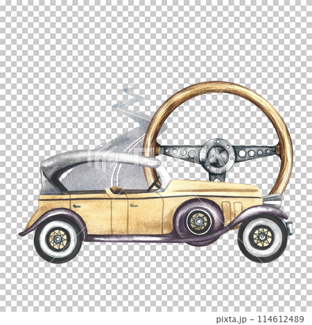 Vintage retro car, side view. Antique wooden steering wheel, paved road in perspective. A watercolor illustration made by hand. For a banner, flyer, or poster. For printing, stickers, postcards. Vintage retro car, side view. Antique wooden steering wheel, paved road in perspective. A watercolor illustration made by hand. For a banner, flyer, or poster. For printing, stickers, postcards. 114612489