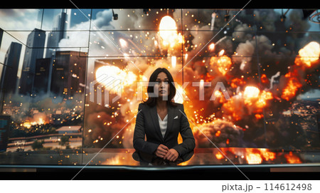 News Anchor Reporting on Industrial Catastrophe News Anchor Reporting on Industrial Catastrophe 114612498