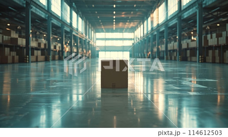 Cardboard Box in Vast Empty Warehouse Space 114612503
