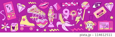 Set of 90s retro devices in modern acid psychedelic style. Nostalgia for 1990s. cassette, game console, roller skates, electronics. Vector illustration. 114612511