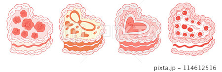 Cute heart shaped cake set with cherry. Cakes collection coquette. A sweet dessert in the style of y2k. Vector illustration 114612516
