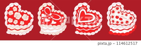 Cute heart shaped cake set with cherry. Cakes collection coquette. A sweet dessert in the style of y2k. Vector illustration Cute heart shaped cake set with cherry. Cakes collection coquette. A sweet dessert in the style of y2k. Vector illustration 114612517
