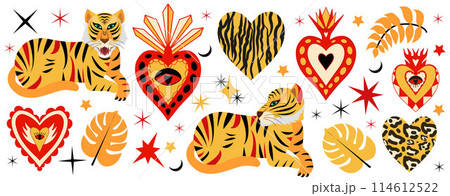 Tiger and sacred heart, celestial mystique set. Retro style hearts with tiger and leopard print. Animal mystical collection. Contemporary bohemian style. Vector illustration. 114612522