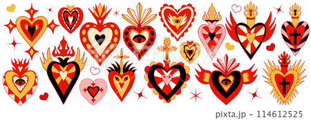 Mexican sacred hearts set, spirit mystical miracles symbol. Heart milagro. Day of the dead Dia de los Muertos holiday. Vector illustration 114612525