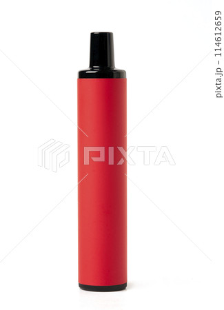 Red disposable electronic cigarette isolated on a white background. The concept of modern smoking, vaping and nicotine. 114612659