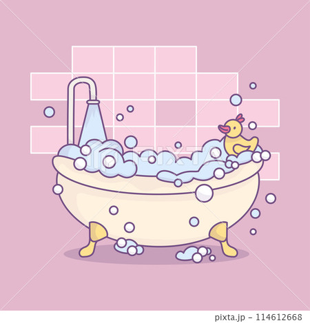 Vintage cartoon bathtub overflowing with foam frothy bubbles, with rubber duck. Cozy bathroom. Vector illustration. Cute kawaii style. 114612668