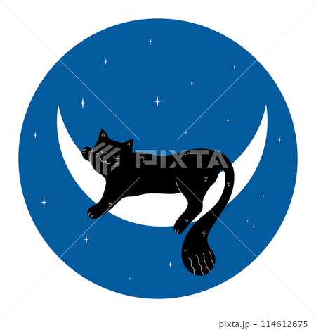 Cute black cat sleeping on a crescent on blue night sky background. Vector illustration Cute black cat sleeping on a crescent on blue night sky background. Vector illustration 114612675