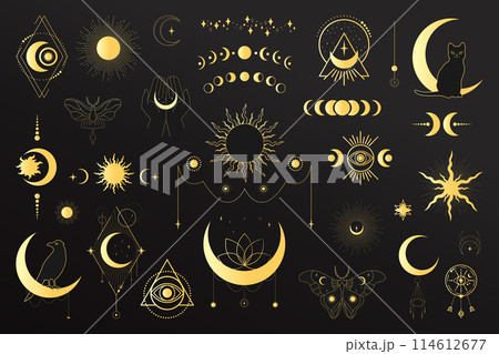 Big set of golden celestial magical and astrological symbols. Celestial space emblems. Space elements. Vector illustration Big set of golden celestial magical and astrological symbols. Celestial space emblems. Space elements. Vector illustration 114612677
