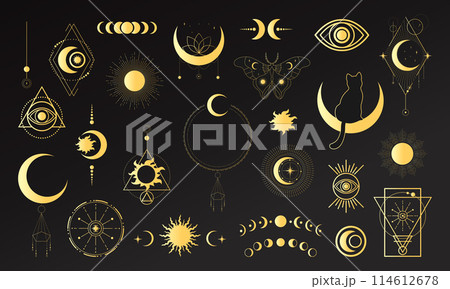 Big set of golden celestial magical and astrological symbols. Celestial space emblems. Vector illustration 114612678