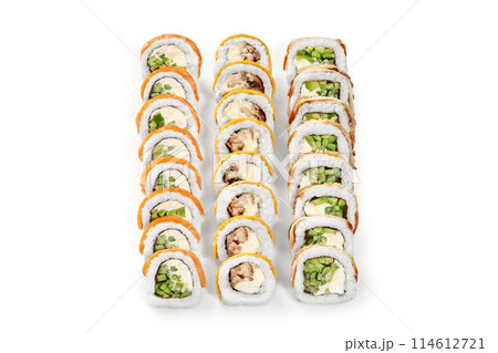 Set of uramaki rolls with salmon, eel and cheese 114612721