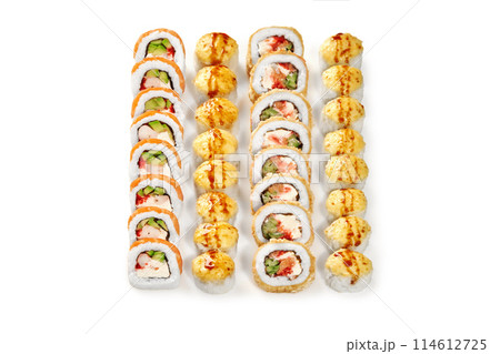 Set of baked cheese rolls and uramaki with salmon and shrimp Set of baked cheese rolls and uramaki with salmon and shrimp 114612725