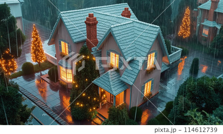 Christmas Lights Twinkling on a Rainy Night 114612739