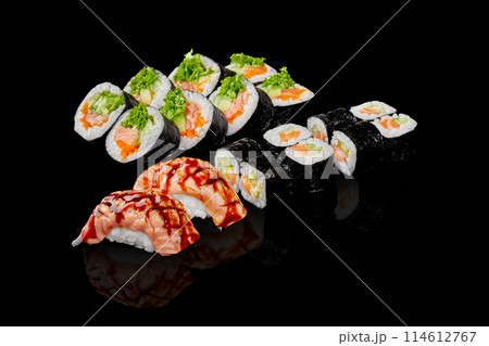Collection of maki rolls and nigiri sushi with salmon Collection of maki rolls and nigiri sushi with salmon 114612767