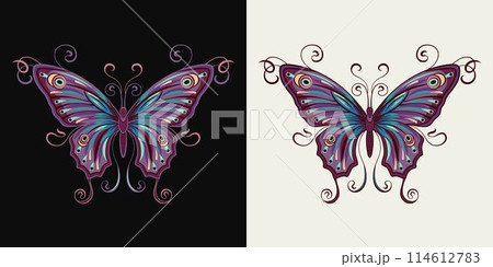 Fantasy colored butterfly with curled antennae, stretched wings in Art Nouveau style. Single isolated colorful illustration in vintage style. Top view. Fantasy colored butterfly with curled antennae, stretched wings in Art Nouveau style. Single isolated colorful illustration in vintage style. Top view. 114612783