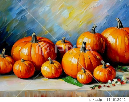 Decorative ornamental orange pumpkins. A jack-o'-lantern or jack o'lantern. Halloween or Hallowe'en, Allhalloween, All Hallows' Eve, or All Saints' Eve. Bright vegetable background - still life 114612942