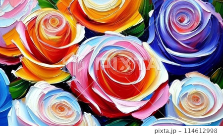 Pink, red, yellow, purple, blue and orange roses. Oil paint. Beautiful delicate feminine colored spring summer flowers close up generated by AI. Bouquet of flowers. Postcard Valentine congratulation. 114612998