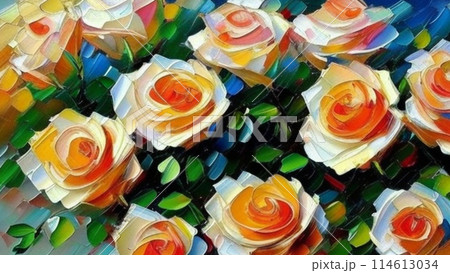 Pink and orange roses. Oil flowers. Beautiful delicate feminine colored spring or summer flowers close up, generated by AI. Bouquet of flowers. Postcard Valentine, congratulations to a woman. 114613034